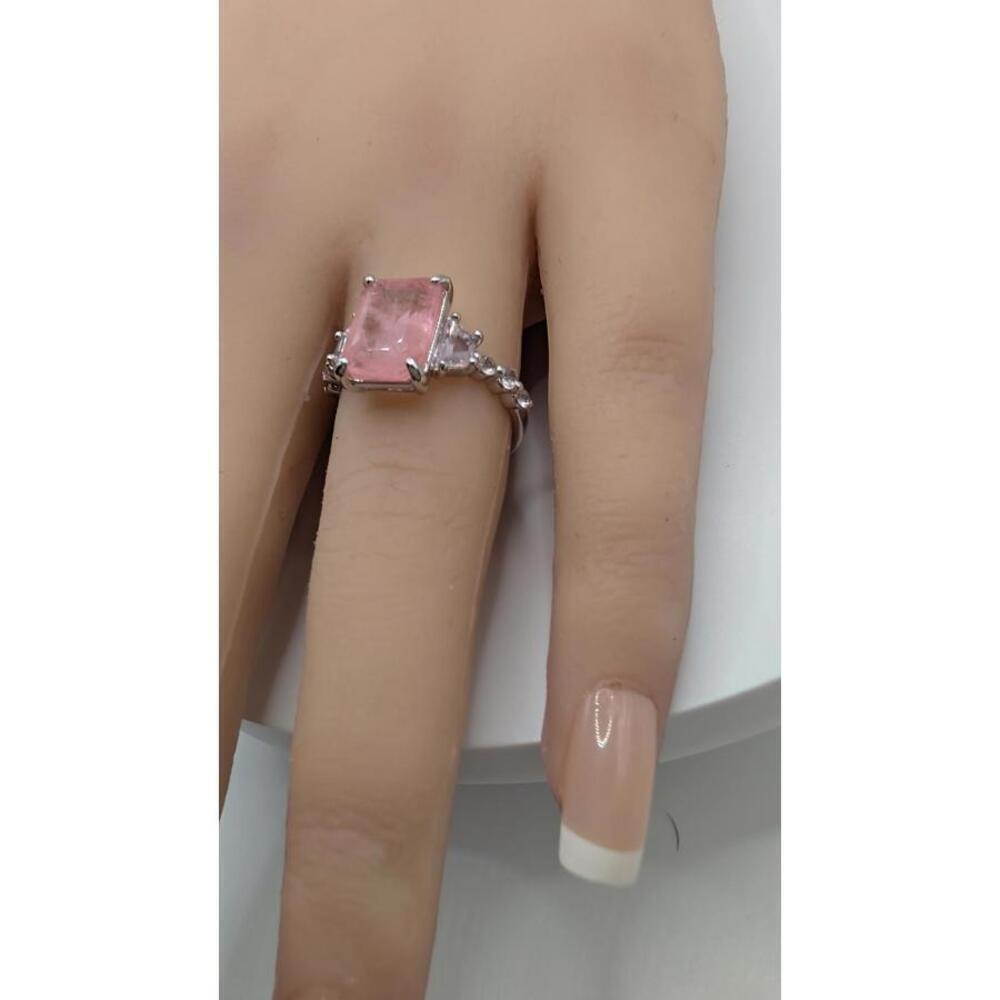 Silver Ring with Rectangular Pink Gemstone and Accent Stones Size 7 - Picture 8 of 9